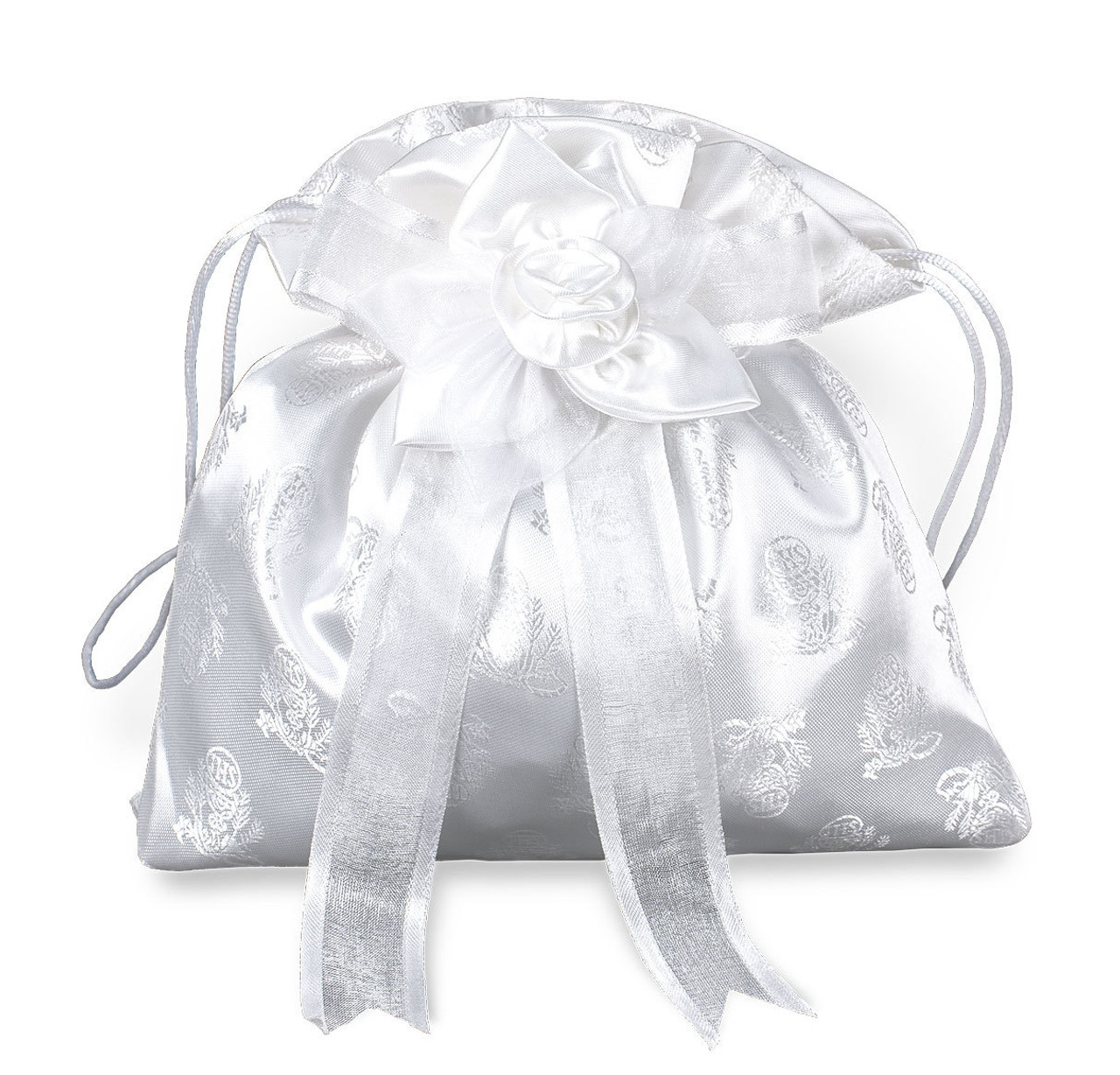 Satin First Communion Purse with Lace Applique with a Bead and Pearl Handle