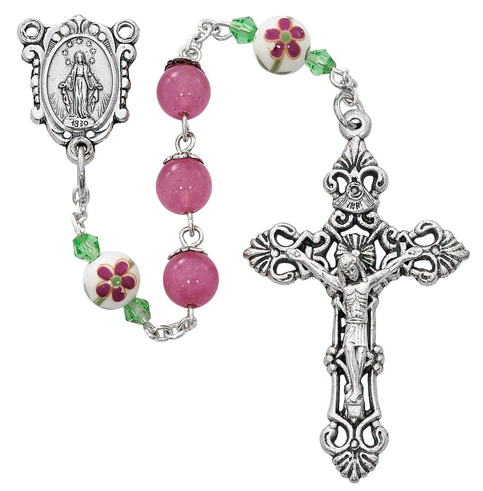 Rosary Beads, Miraculous Medal Centerpiece, Floral Beads, R704DF