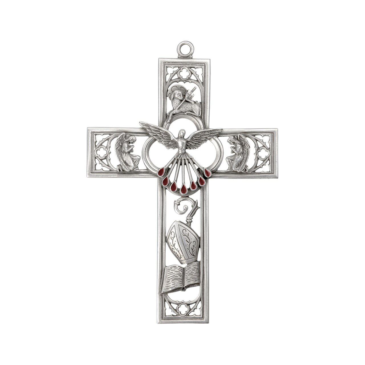 Confirmation Wall Cross | Holy Spirit | Pewter | Scrollwork | Red Accent |  6