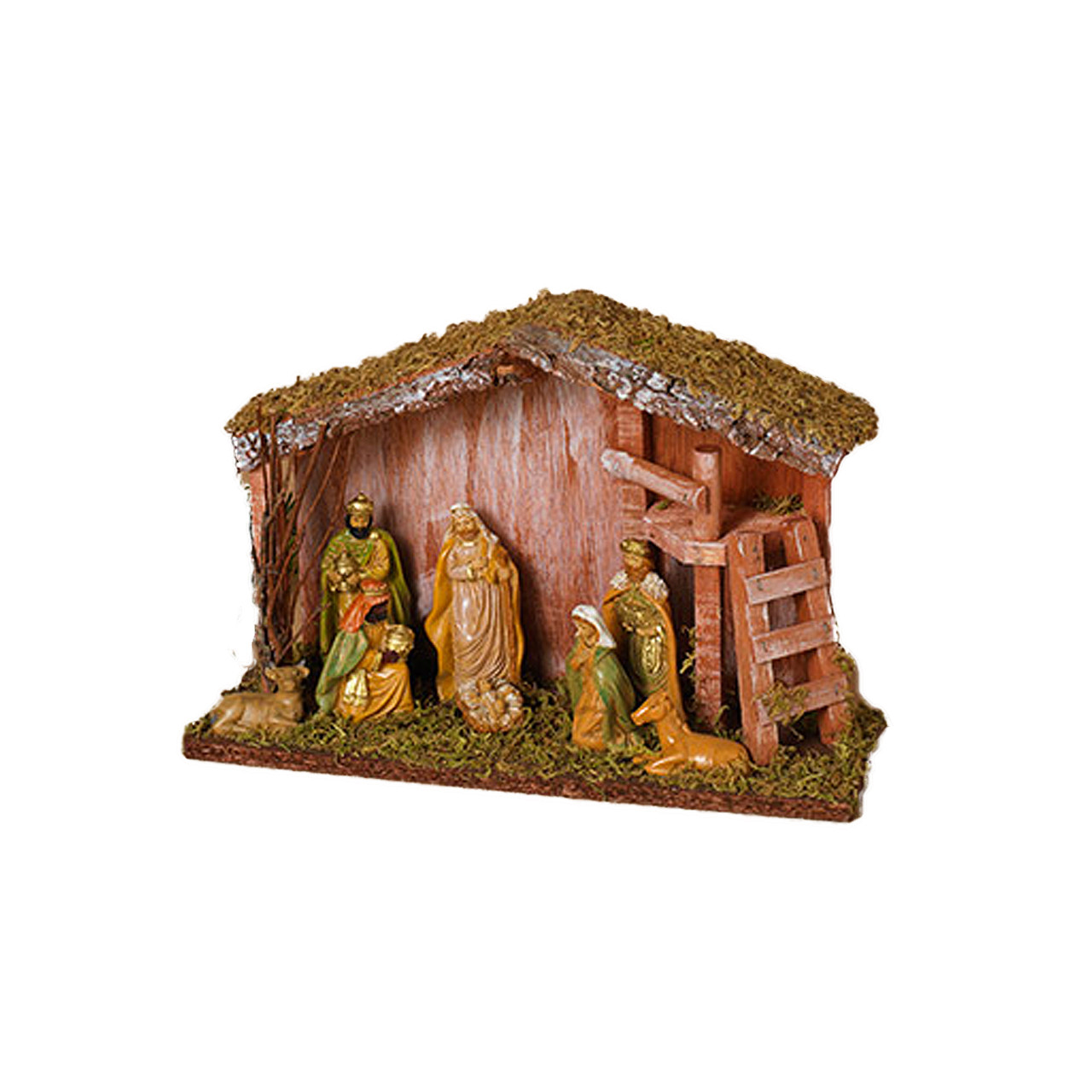 Nativity Set Wood Manger Christmas Jesus Moss Roof Mary Joesph