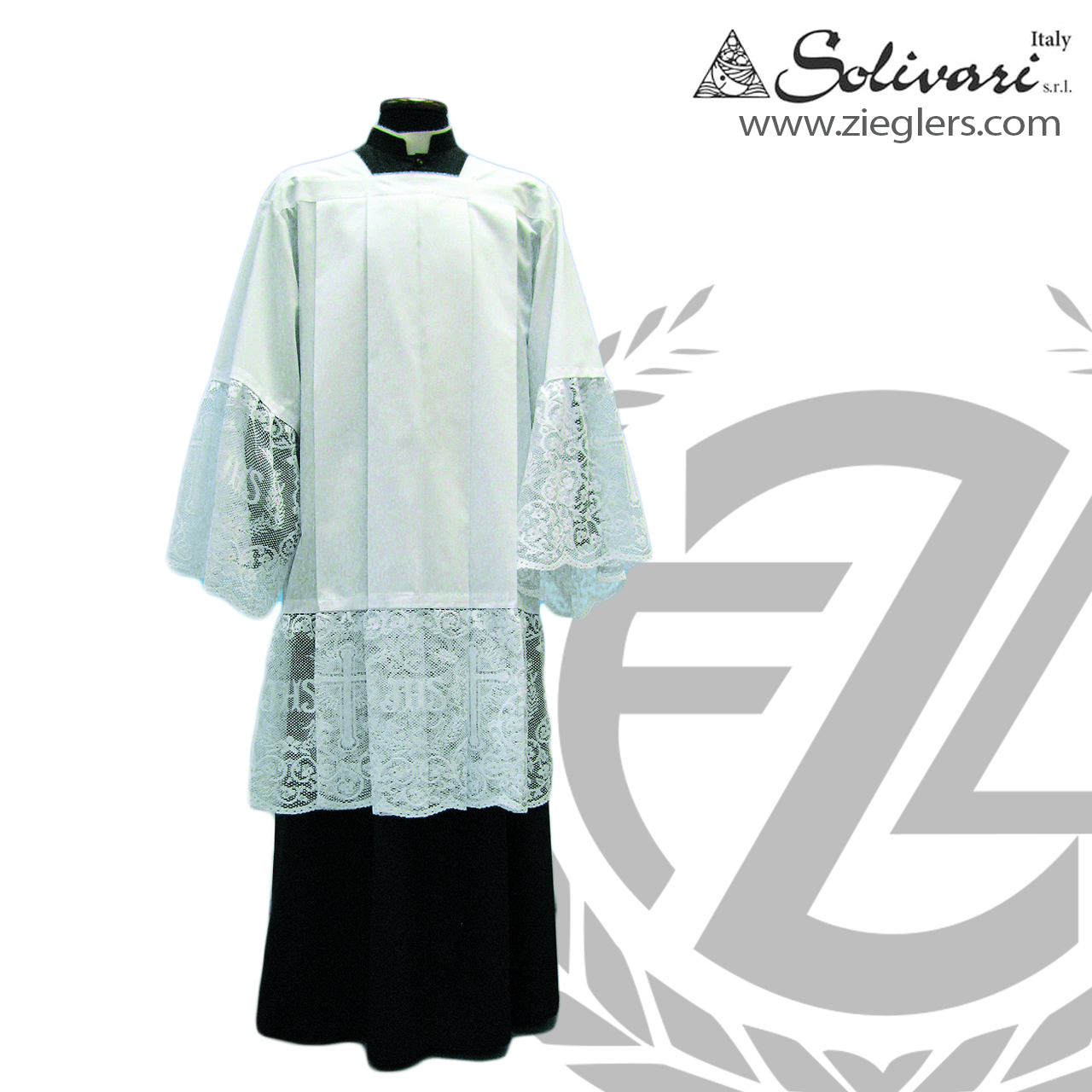 Clergy Surplice, 11 Lace, Square Neckline, Cotton Blend, 4 Sizes, Solivari, Italy
