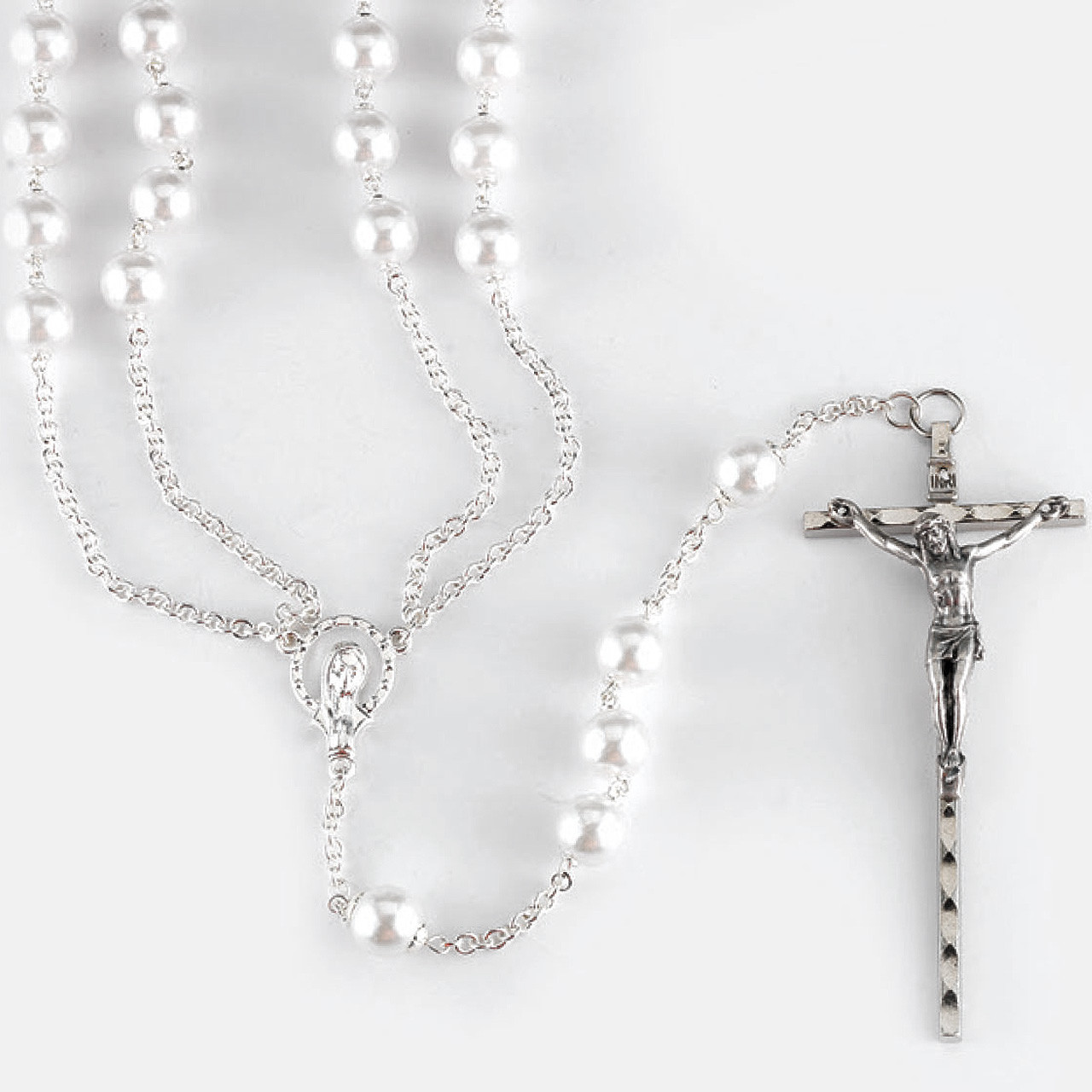 Silver Plated Wedding Rosary with Madonna Center & Faux Pearls