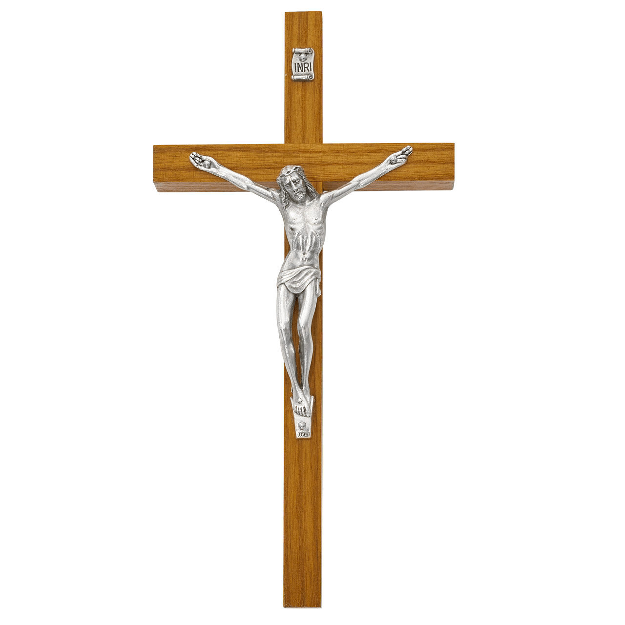 Wall Crucifix Walnut Finish Silvertoned Corpus 8" 8137 F.C