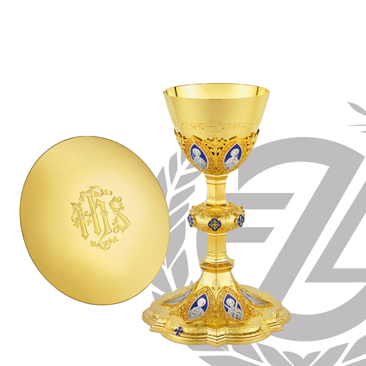 Gold-Plated Neo-Gothic Chalice with Apostles & IHS Paten