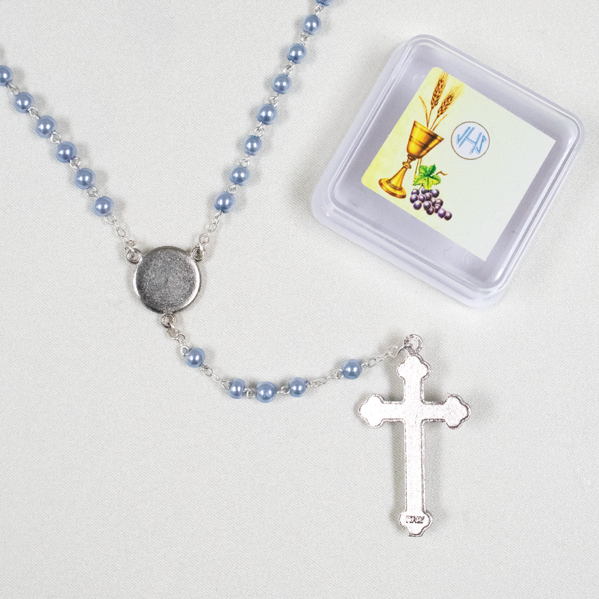 Small Blue First Communion Rosary with Cup Centerpiece & Keepsake Box