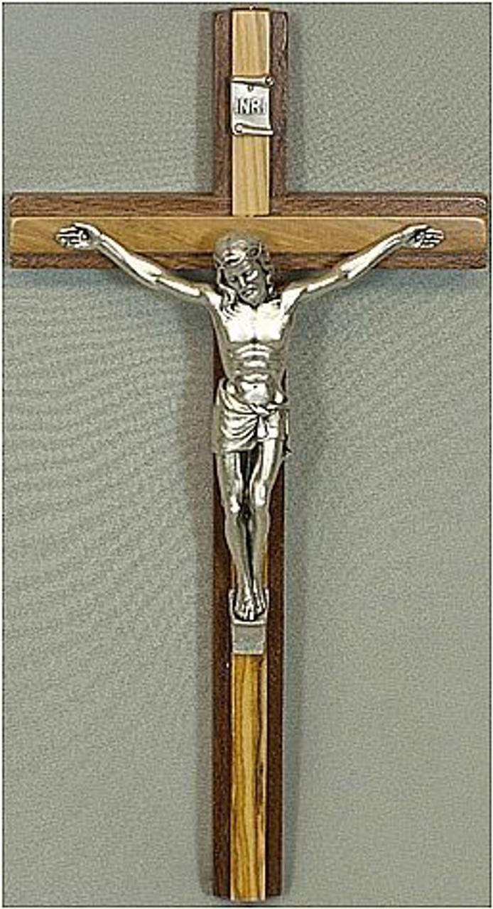 Wall Crucifix Mahogany With Olive Wood Inlay Silver Finish Corpus