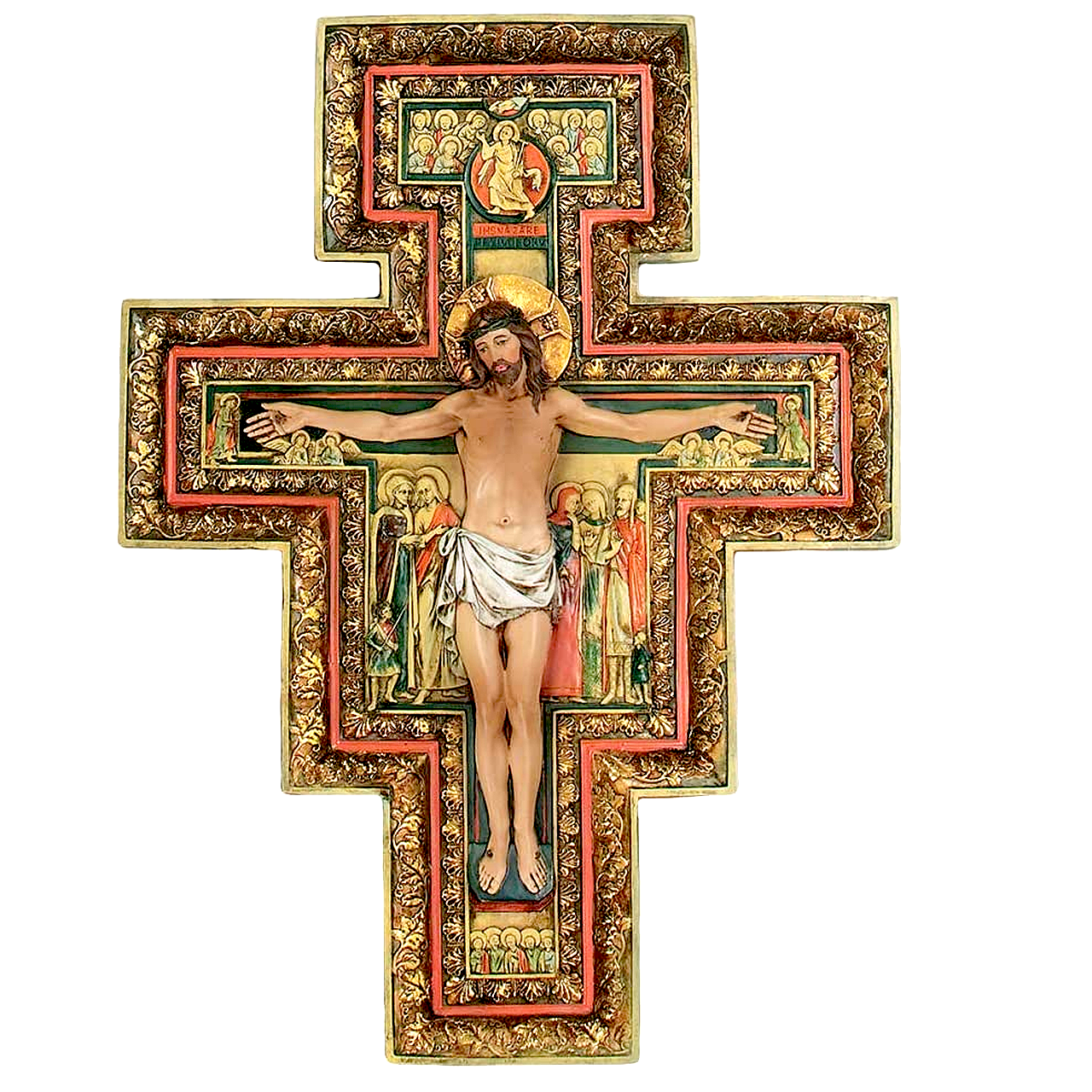 San Damiano Crucifix, Vivid Colors, Ornate Gold Border, 17-3/4