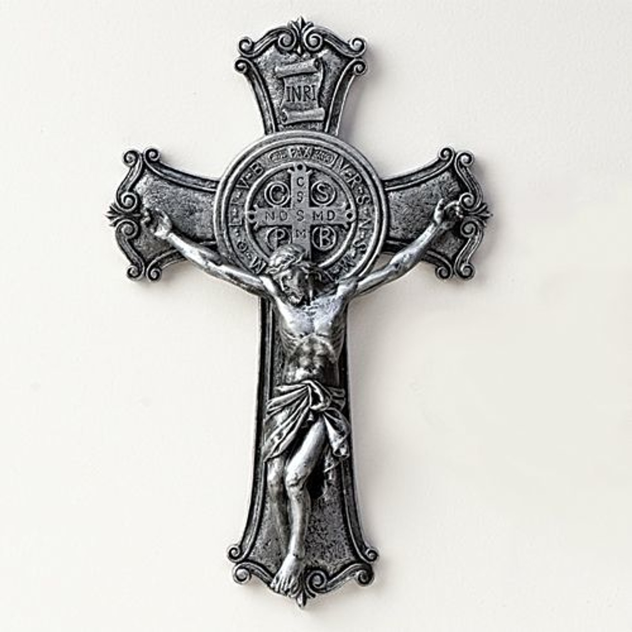 Saint Benedict Wall Crucifix | Antique Silver Finish | Embellished