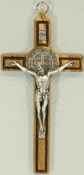 St Benedict Wall Crucifix Natural Finish Carved Accents Silver