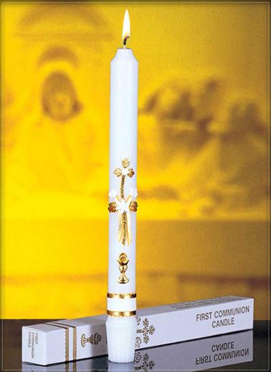 First Communion Candle Gold Leaf Symbols White 7/8" x 10/1/4