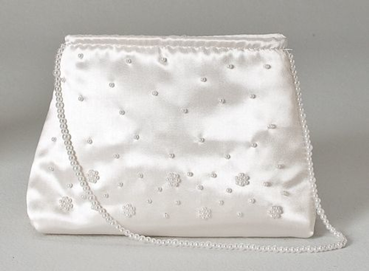 First Communion Purse | White | Satin Brocade | Bow | 8