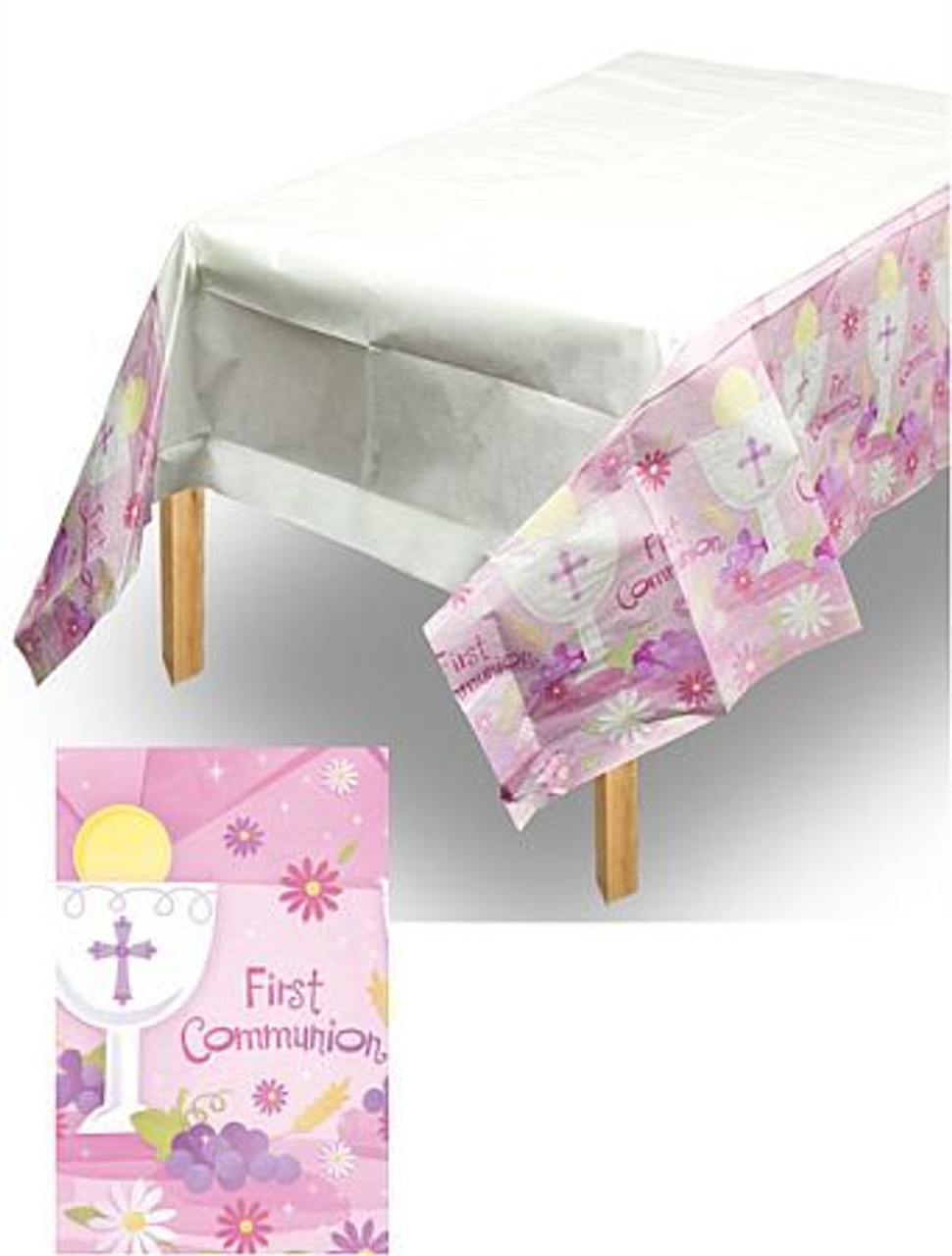 Blessed Sacrament First Communion Tablecloth Plastic Pink 54