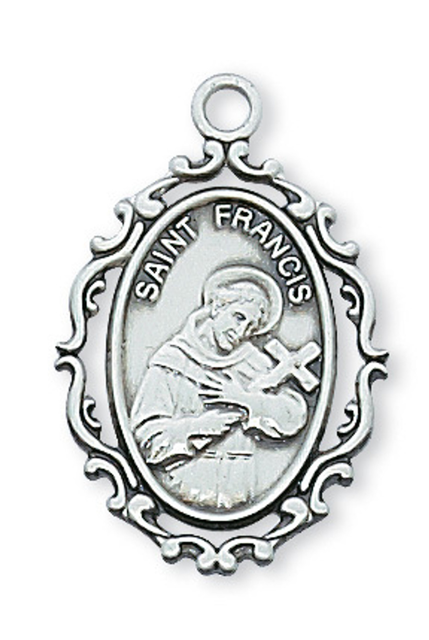 Sterling Silver Saint Francis of Assisi Medal Pendant Necklace. 18