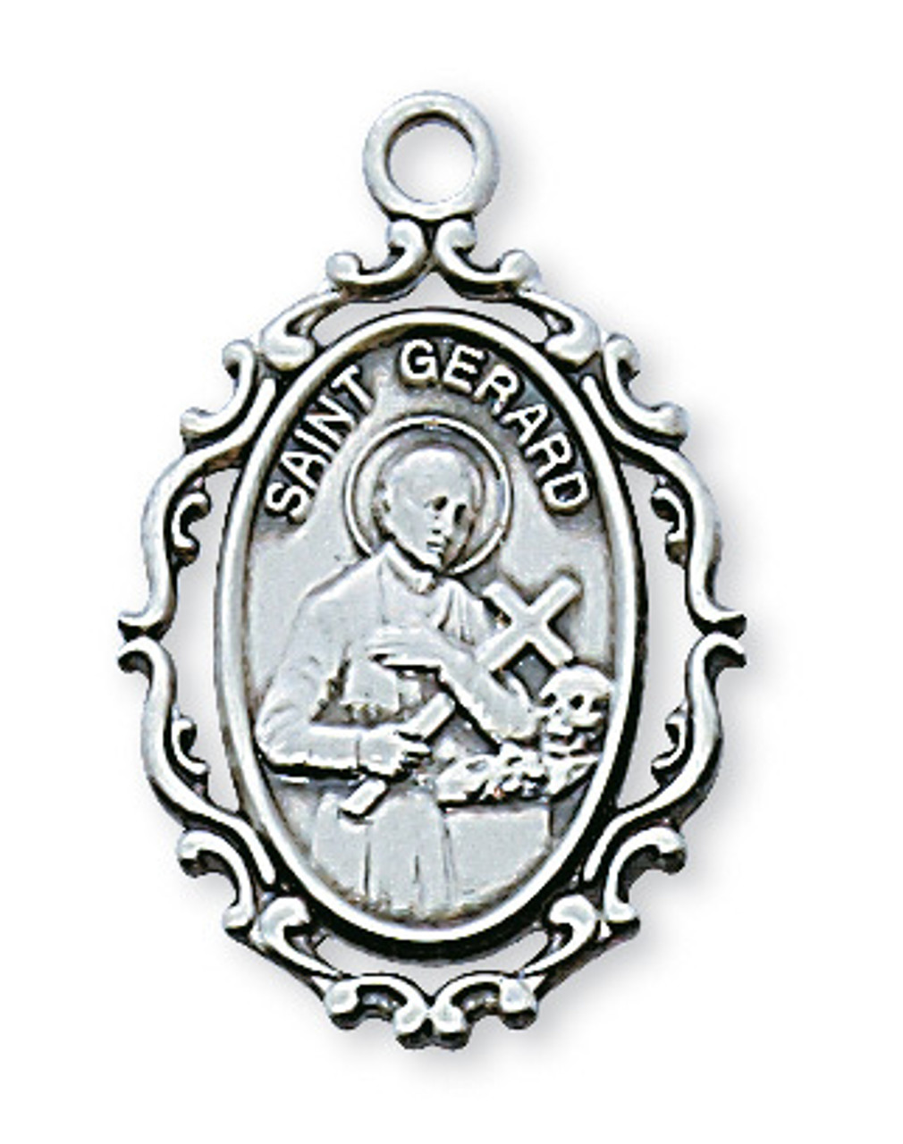 1 inch saint gerard medal with embellished border made of sterling silver on 18 inch rhodium plated chain made in u s a MAL621GR 02473.1530219167