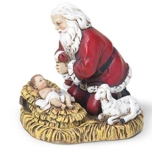Kneeling Santa adores Jesus Christmas Figurine with Lamb made of Polymer 2 and 1 half inches RO35860 Kneeling Santa adores Jesus Christmas Figurine with Lamb made of Polymer 2 and 1 half inches RO35860