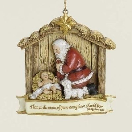 Kneeling Santa Christmas Ornament Scripture Lamb Resin measures 3 and 1 half inches RO39546 Kneeling Santa Christmas Ornament Scripture Lamb Resin measures 3 and 1 half inches RO39546