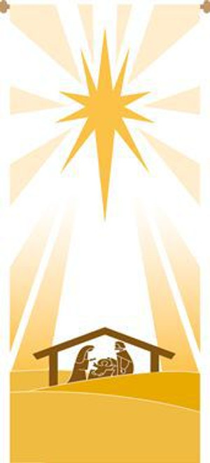 Light of the World Nativity Banner white yellow and brown holy family with star printed on raytex specify size SL726 Light of the World Nativity Banner white yellow and brown holy family with star printed on raytex specify size SL726