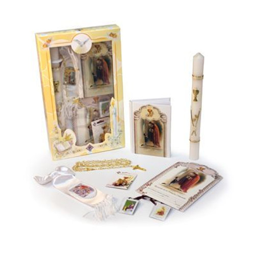 First Holy Communion Gift Set in Spanish | For A Boy includes missal candle rosary beads scapular pin bracelet and certificate SISFC908BS