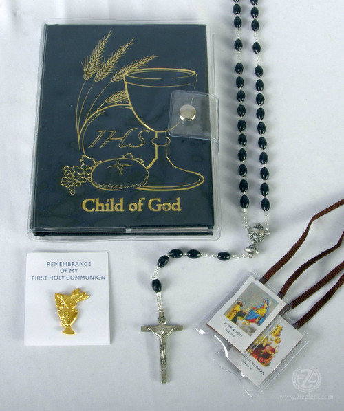 First Holy Communion Seven Piece Gift Set For a boy Gift Boxed with Missal Pin Scapular black Rosary Beads and clear vinyl case HI5681 First Holy Communion Seven Piece Gift Set For a boy Gift Boxed with Missal Pin Scapular black Rosary Beads and clear vinyl case HI5681