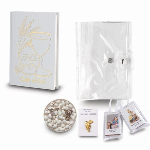First Holy Communion Seven Piece Gift Set For a Girl Gift Boxed with Missal Pin Scapular white Rosary Beads and clear vinyl case HI5680 First Holy Communion Seven Piece Gift Set For a Girl Gift Boxed with Missal Pin Scapular white Rosary Beads and clear vinyl case HI5680