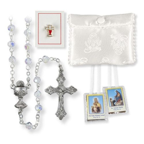 First Communion Rosary Set Includes rosary with Crystal Beads and White satin Case and Blessed Sacrament Pin and brown Scapular