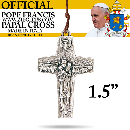 Official Pope Francis Papal Cross 1 and half inch made of oxidized metal with brown cord image of Holy Spirit dove and good shepherd with sheep made in Italy G352L Official Pope Francis Papal Cross 1 and half inch made of oxidized metal with brown cord image of Holy Spirit dove and good shepherd with sheep made in Italy G352L