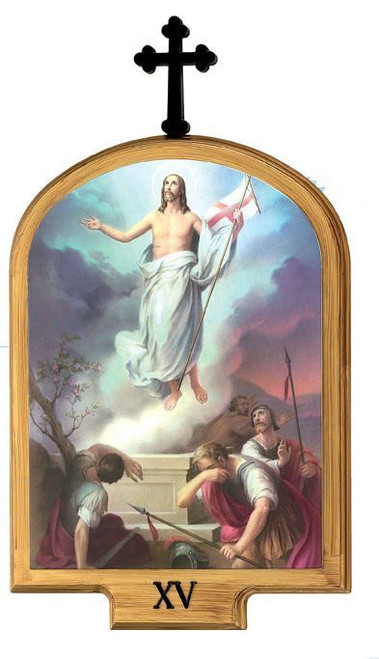 Stations Of The Cross Set of 14 Lithographs On Wood arches with Roman Numeral Labels measures 13 and 3 quarters by 20 inches Made In Italy LAL486 Stations Of The Cross Set of 14 Lithographs On Wood arches with Roman Numeral Labels measures 13 and 3 quarters by 20 inches Made In Italy LAL486