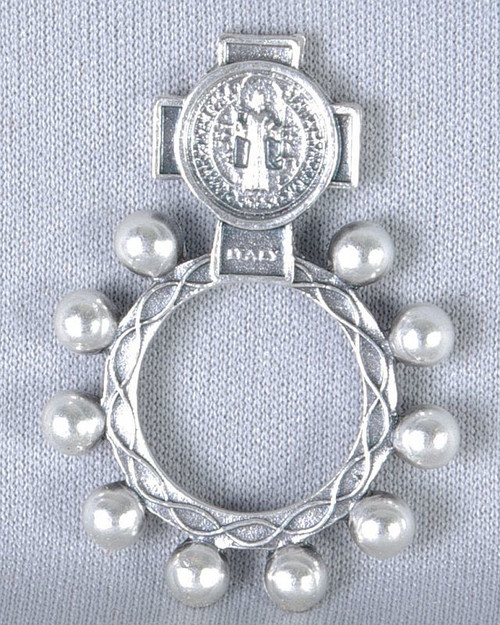 Saint Benedict rosary ring made of silver oxidized metal from Italy 