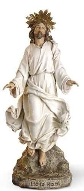 Risen Lord statue with He is risen inscribed on base crown has gold accents stands 12 inches tall and is made of resin and stone mix ro41243 Risen Lord statue with He is risen inscribed on base crown has gold accents stands 12 inches tall and is made of resin and stone mix ro41243
