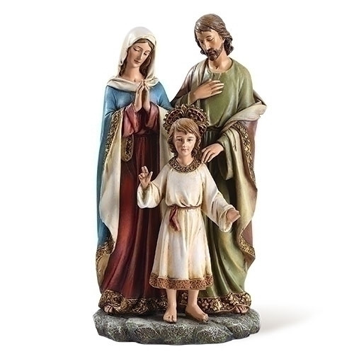 holy family figurine with mary and joseph standing next to glorified child Jesus stands 9 and 3 quarter inches high made of resin ro41399 holy family figurine with mary and joseph standing next to glorified child Jesus stands 9 and 3 quarter inches high made of resin ro41399