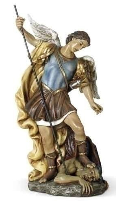 St Michael the archangel statue standing over satan made of resin painted in bold colors with gold accents stands 15 and 1 half inches ro61024 St Michael the archangel statue standing over satan made of resin painted in bold colors with gold accents stands 15 and 1 half inches ro61024