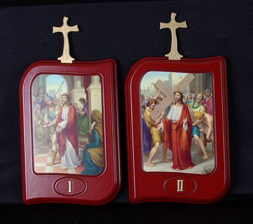 Stations Of The Cross Set of 15 wood Stations with Illustrations On Rectangular Plaques measure 8 and 1 quarter by 5 and 1 half inches from Italy LALVC052 Stations Of The Cross Set of 15 wood Stations with Illustrations On Rectangular Plaques measure 8 and 1 quarter by 5 and 1 half inches from Italy LALVC052