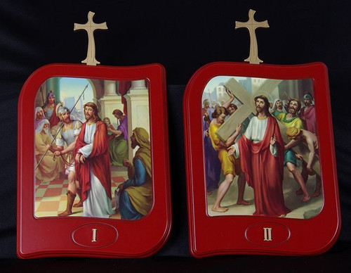 Stations Of The Cross Set of 15 wood Stations with Illustrations On Rectangular Plaques measure 13 by 9 and 1 half inches from Italy LALVC054 Stations Of The Cross Set of 15 wood Stations with Illustrations On Rectangular Plaques measure 13 by 9 and 1 half inches from Italy LALVC054