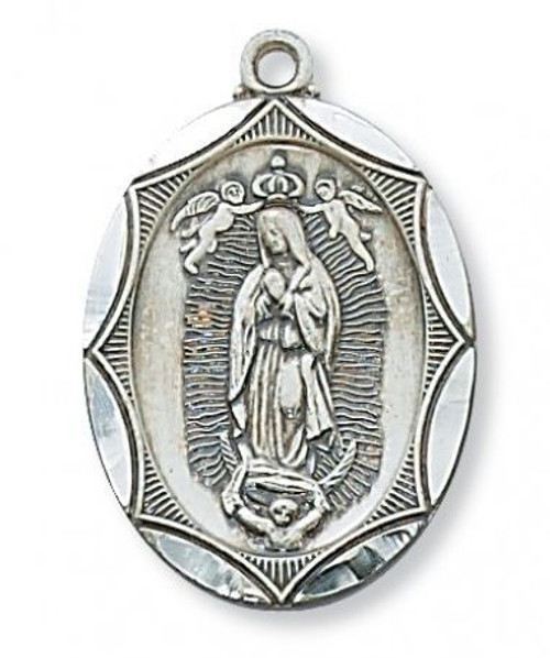 1 and 1 eighth inch our lady of guadalupe pendant on 24 inch rhodium plated brass chain made in u s a mal2503gu