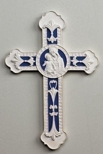 Madonna and Child Wall Cross, Cobalt Blue & White, Relief Image