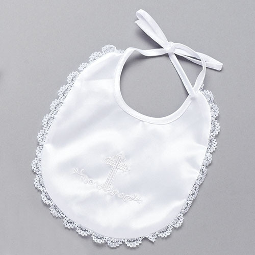white polyester baptism bib with embroidered cross and lace edge is 7 and 1 quarter inches long ro26297 white polyester baptism bib with embroidered cross and lace edge is 7 and 1 quarter inches long ro26297