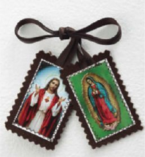 Sacred Heart of Jesus and Our Lady of Guadalupe Scapular with Brown Ribbon made of Fabric MS257SHGU Sacred Heart of Jesus and Our Lady of Guadalupe Scapular with Brown Ribbon made of Fabric MS257SHGU