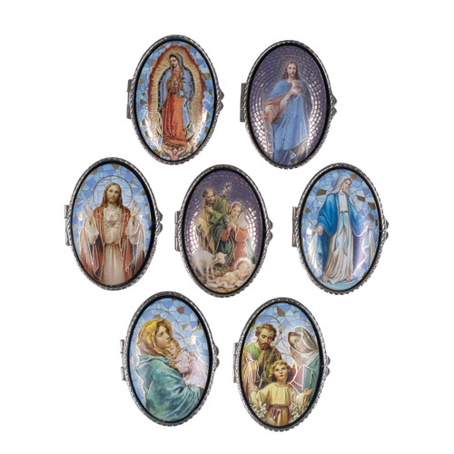 Rosary Case Group - Nickle-plated Rosary Case with Catholic Imagery  Rosary Case Group - Nickle-plated Rosary Case with Catholic Imagery
