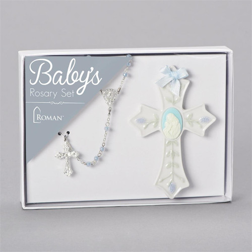 Baby Boy Rosary and Porcelain Cross Gift Set