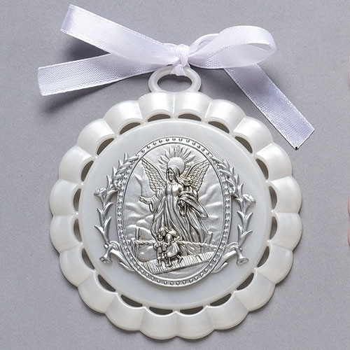 Guardian Angel Crib Medal | Ribbon Accent | White | Plastic & Metal ...