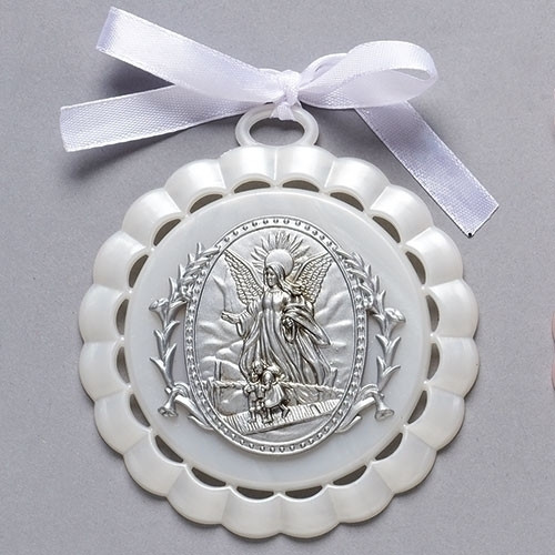 Crib Medal with Guardian Angel made of metal and white plastic has white ribbon for attachment and measures 4 and 1 quarter inches ro43086 Crib Medal with Guardian Angel made of metal and white plastic has white ribbon for attachment and measures 4 and 1 quarter inches ro43086