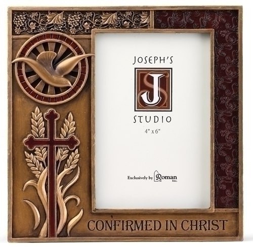 confirmed in Christ confirmation phot frame bronze look with dove grapes wheat and cross stands 7 and 1 half inches tall holds 4 by 6 inch photo ro40081 confirmed in Christ confirmation phot frame bronze look with dove grapes wheat and cross stands 7 and 1 half inches tall holds 4 by 6 inch photo ro40081