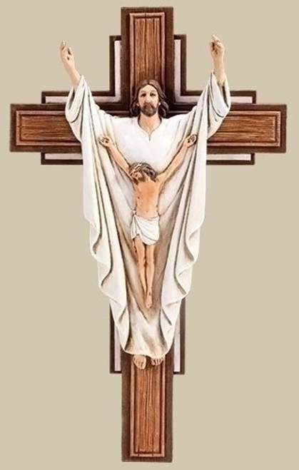 He Is Risen Crucifix Wood Look Cross with Painted Corpus and Risen Lord measures 10 and 1 eighth by 6 and 1 eighth inches RO65965 He Is Risen Crucifix Wood Look Cross with Painted Corpus and Risen Lord measures 10 and 1 eighth by 6 and 1 eighth inches RO65965