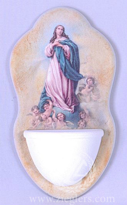 Holy Water Font with Assumption of Mary of the streets made of Textured Resin holds about 1 ounce from Italy measures 6 by 2 and 1 half inches with d ring for hanging from Italy FAR2943M257