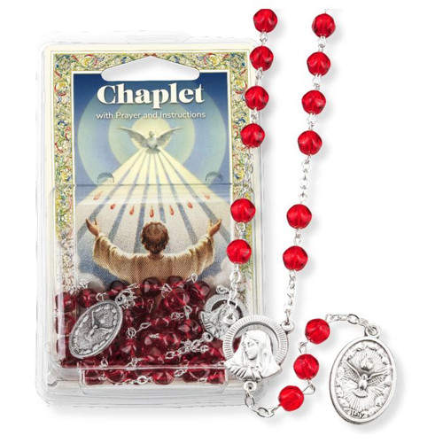 Holy Spirit Chaplet with Dark Red Glass Beads and Medal shown in packaging 
