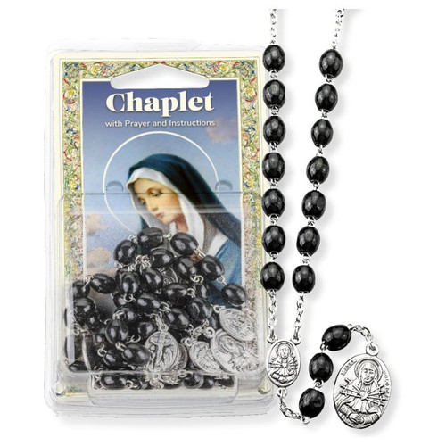 Seven Sorrows Chaplet with Black Wood Beads and Medals shown in packaging 