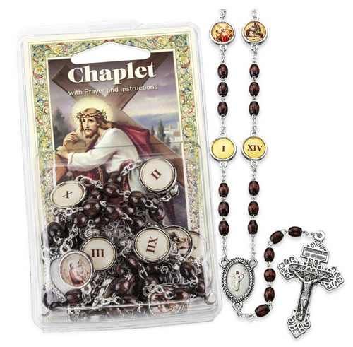 Chaplet of the Stations of the Cross shown with packaging 