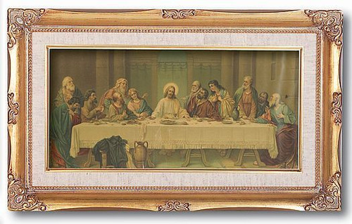Framed Print of The Last Supper under glass with wood frame has gold and fabric accents measures 11 by 19 inches 119-375
 Framed Print of The Last Supper under glass with wood frame has gold and fabric accents measures 11 by 19 inches 119-375