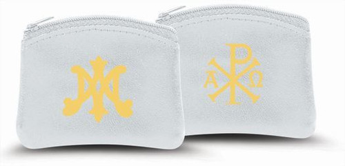 Rosary beads case made of white sheepskin leather with gold stamp marian symbol and chi rho has zipper closure  Rosary beads case made of white sheepskin leather with gold stamp marian symbol and chi rho has zipper closure