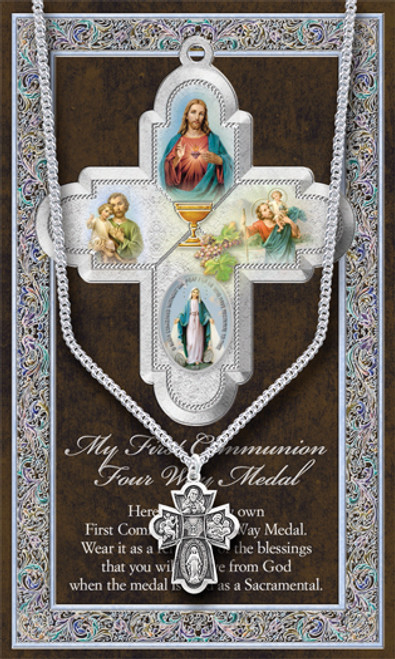 Four Way Medal First Communion Necklace Pewter Cross measures 1 and 1 half inches on 24Inch Stainless Steel Eternity Chain with Information Card HI950689 Four Way Medal First Communion Necklace Pewter Cross measures 1 and 1 half inches on 24Inch Stainless Steel Eternity Chain with Information Card HI950689